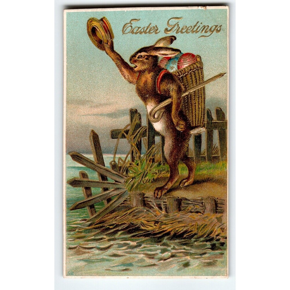 Easter Postcard Standing Rabbit With Hat Cane Anthropomorphic Fantasy Greetings